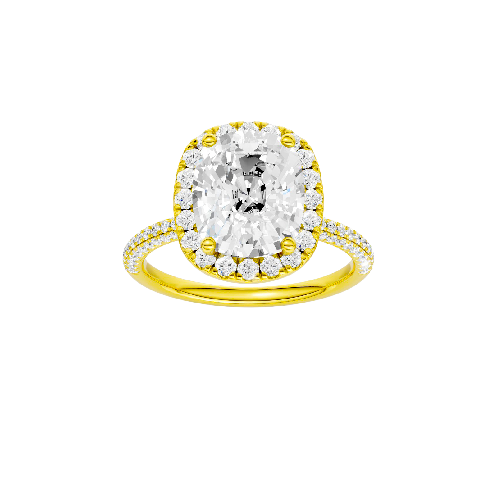 Elongated cushion-cut diamond engagement ring with a pavé-set diamond band and halo setting.