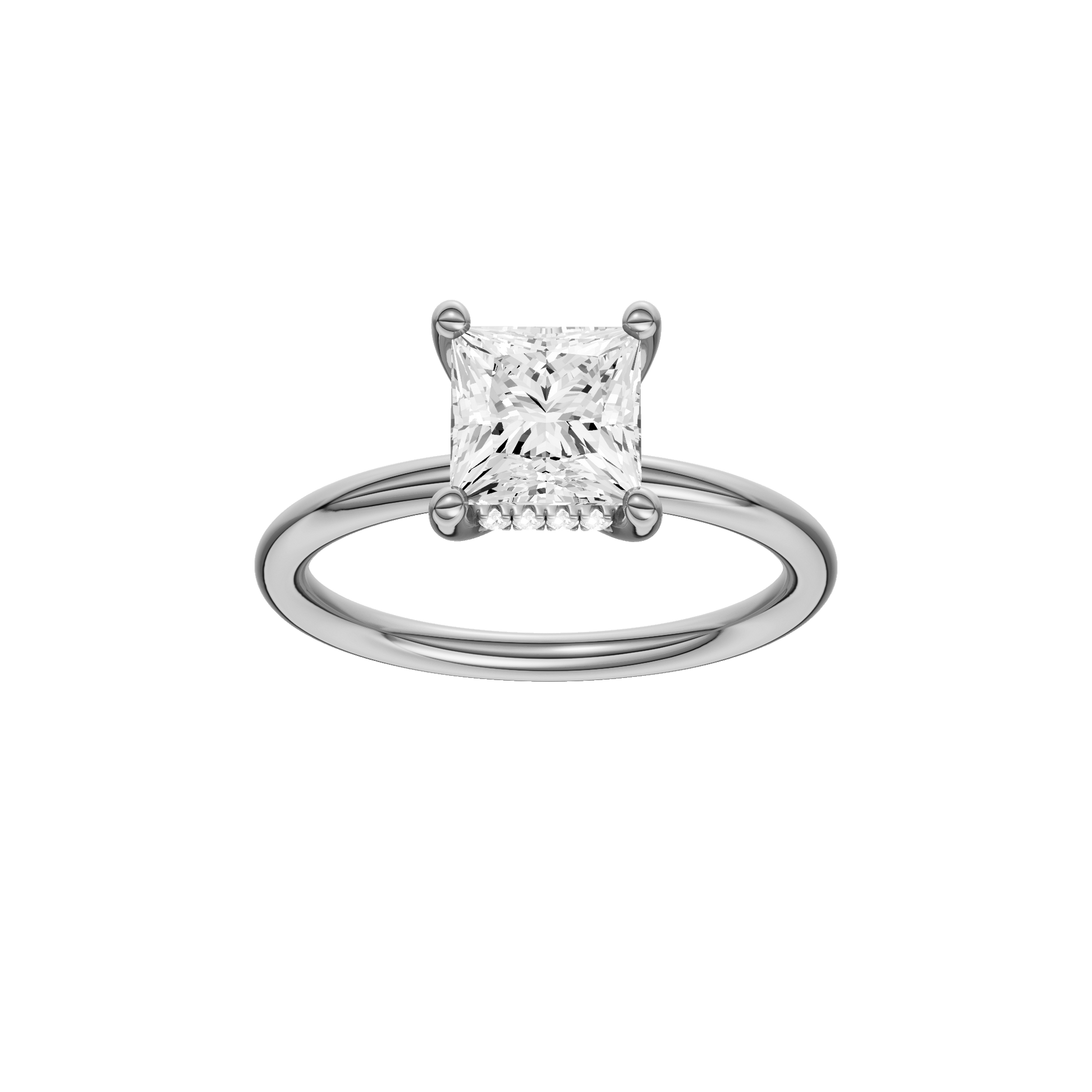 Princess-cut diamond engagement ring with a plain band and hidden-halo setting.