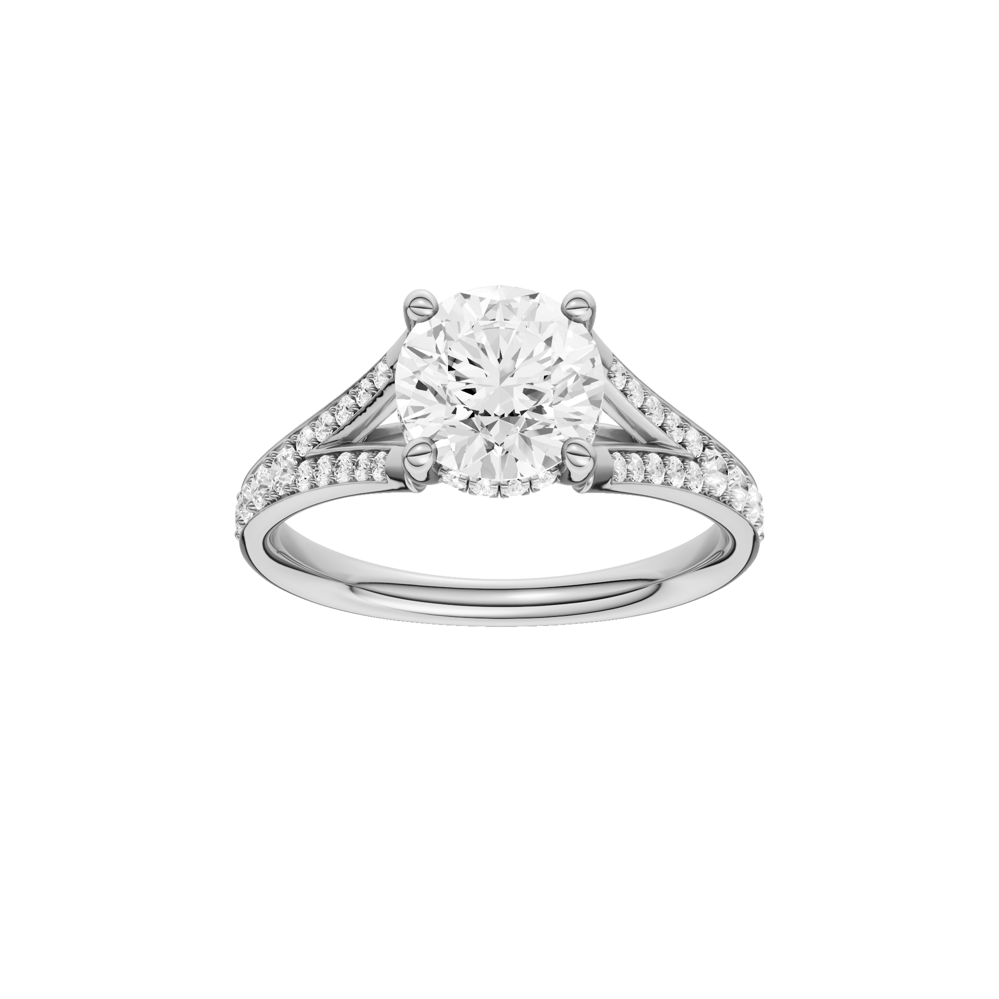 Round-cut diamond engagement ring with a channel-set diamond band and hidden-halo setting.