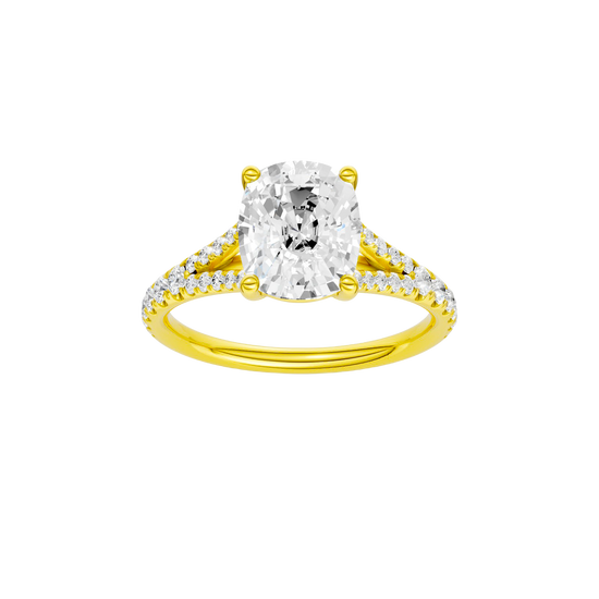 Elongated cushion-cut diamond engagement ring with a prong-set diamond band and solitaire setting.