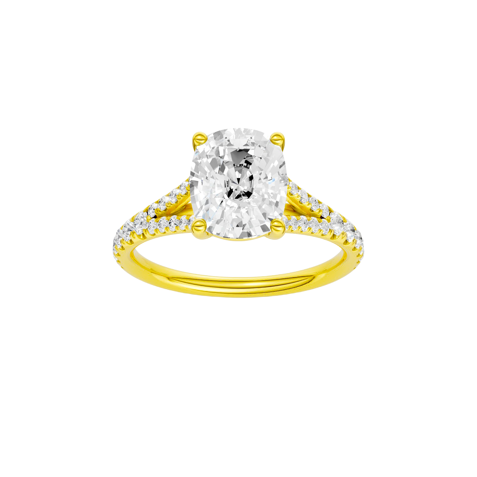 Elongated cushion-cut diamond engagement ring with a prong-set diamond band and solitaire setting.