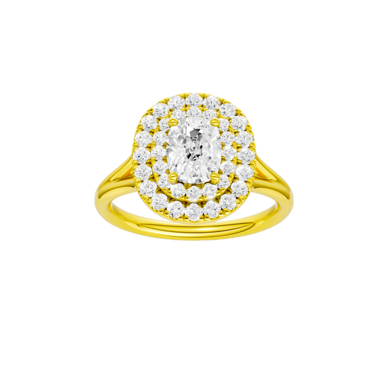 Elongated cushion-cut diamond engagement ring with a plain band and double-halo setting.
