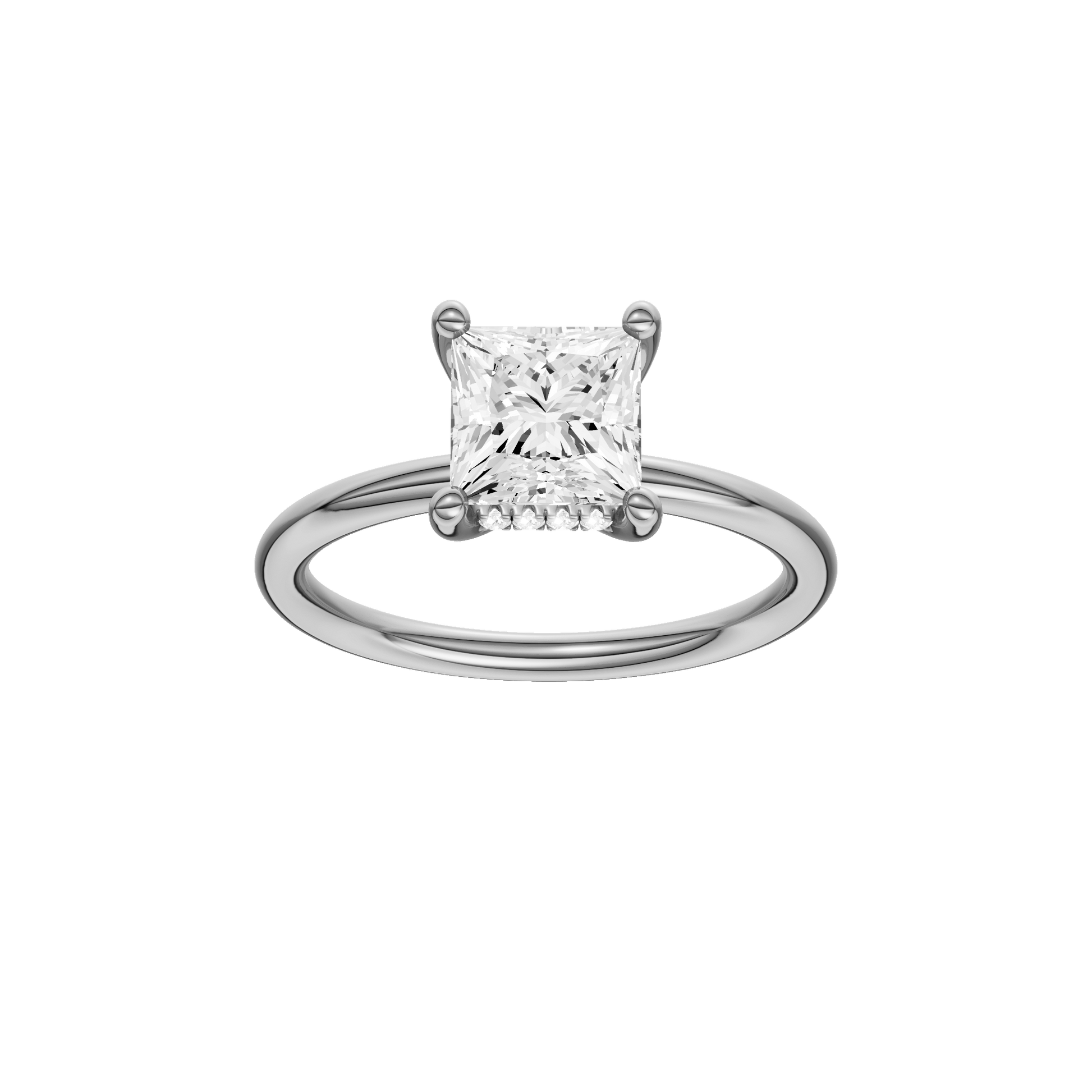 Princess-cut diamond engagement ring with a plain band and hidden-halo setting.