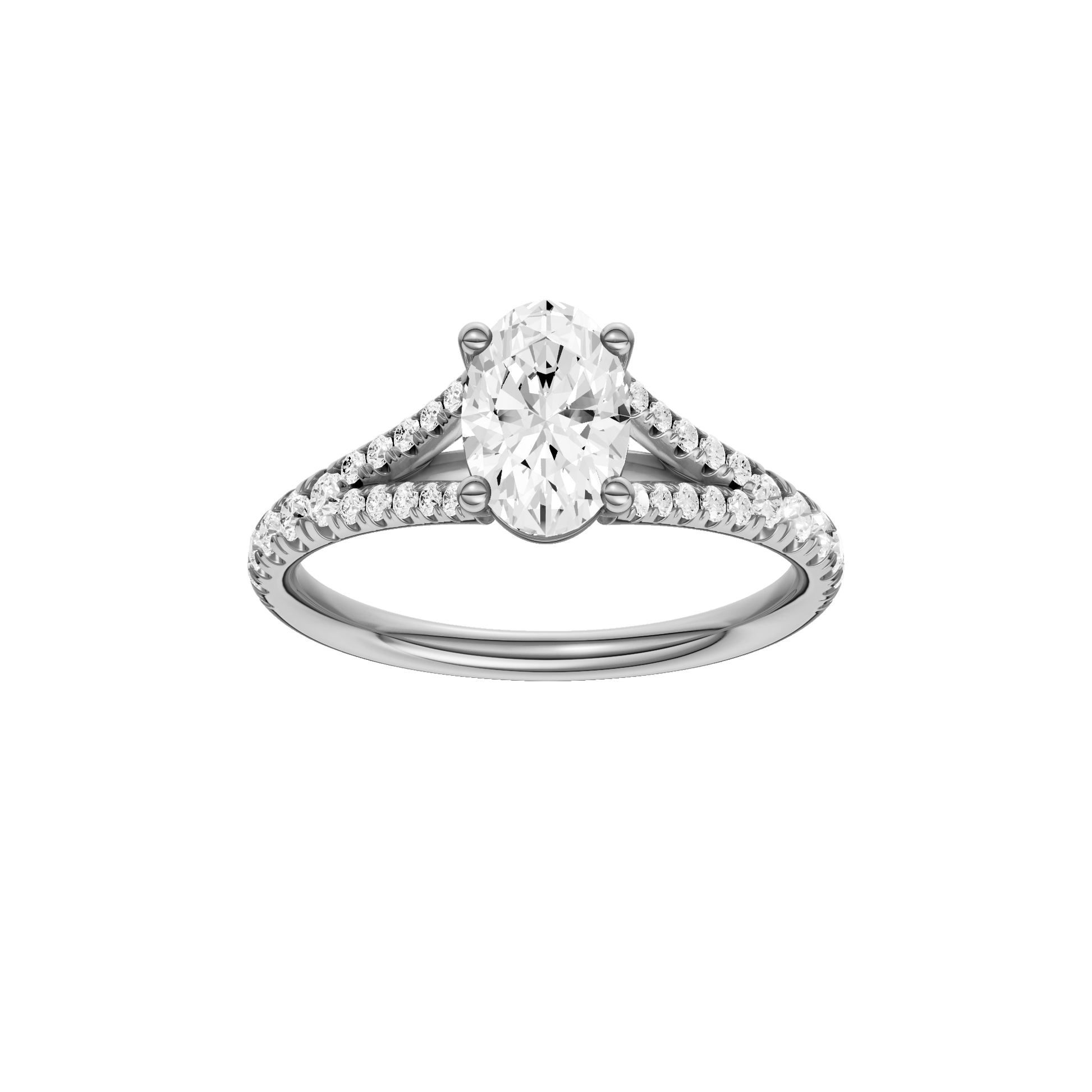 Oval-cut diamond engagement ring with a prong-set diamond band and solitaire setting.
