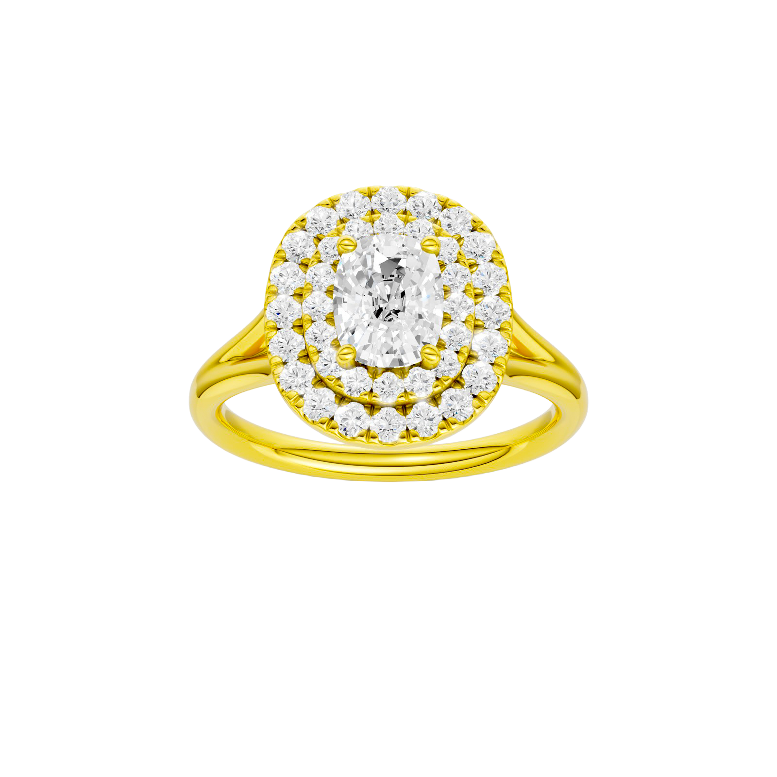 Elongated cushion-cut diamond engagement ring with a plain band and double-halo setting.