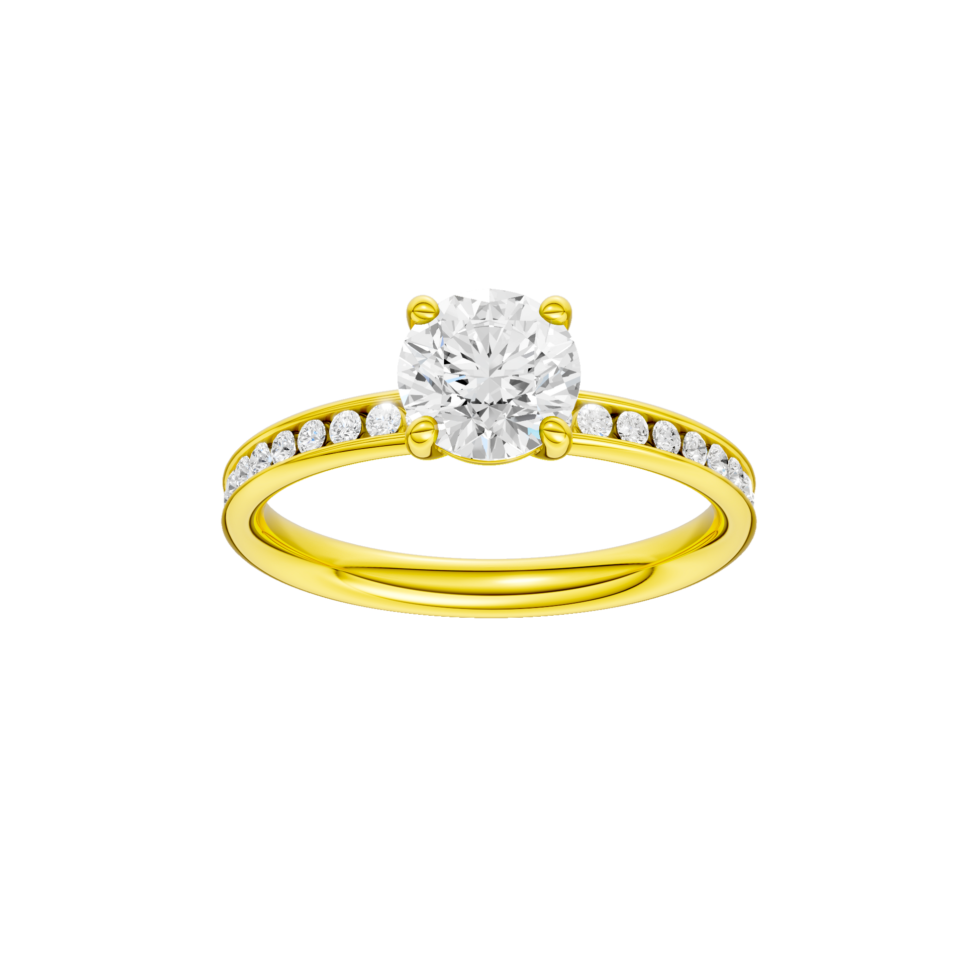 Round-cut diamond engagement ring with a channel-set diamond band and solitaire setting.