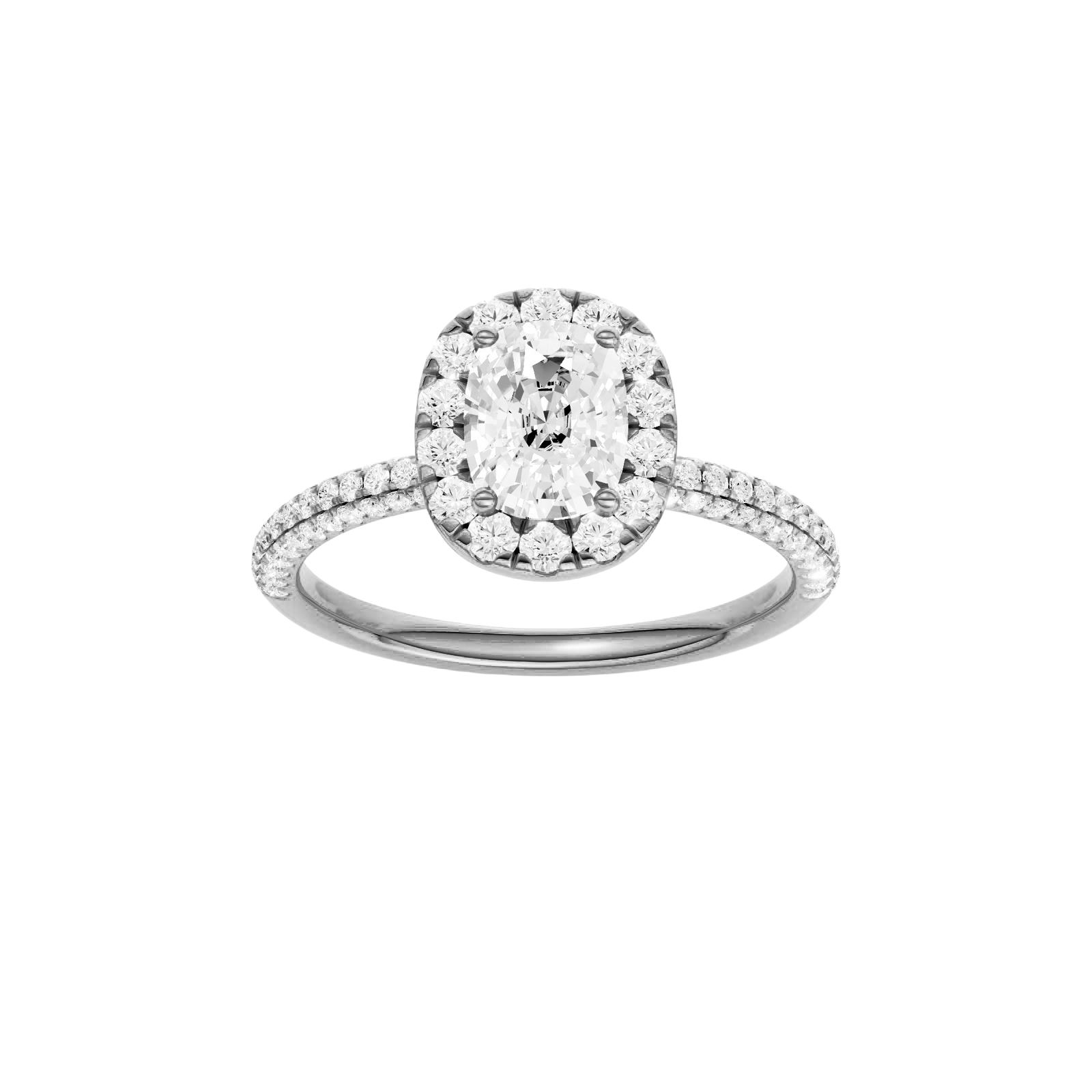 Elongated cushion-cut diamond engagement ring with a pavé-set diamond band and halo setting.