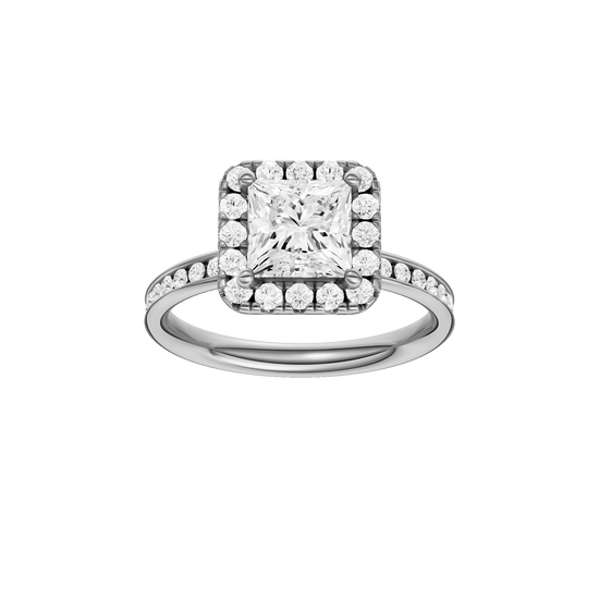 Princess-cut diamond engagement ring with a channel-set diamond band and halo setting.