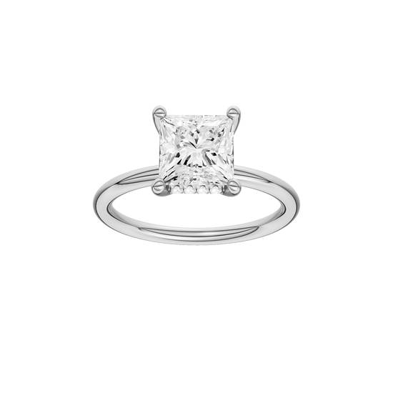 Princess-cut diamond engagement ring with a plain band and hidden-halo setting.