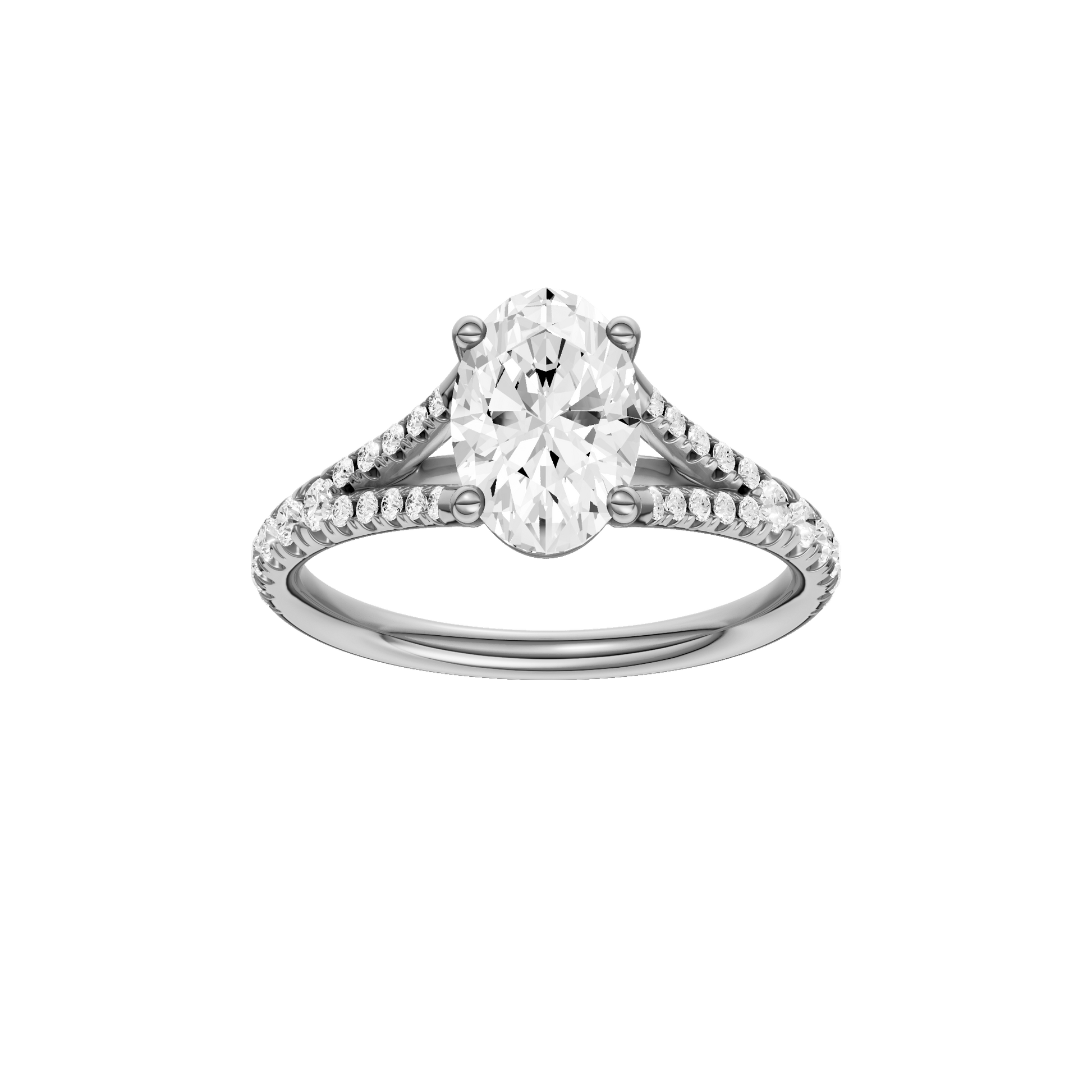 Oval-cut diamond engagement ring with a prong-set diamond band and solitaire setting.