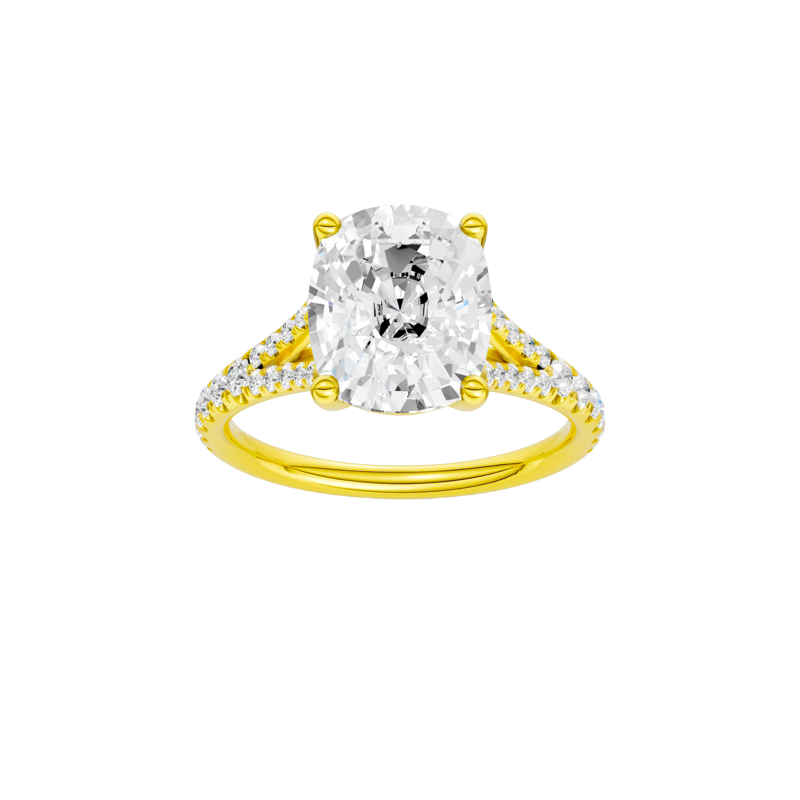 Elongated cushion-cut diamond engagement ring with a prong-set diamond band and solitaire setting.
