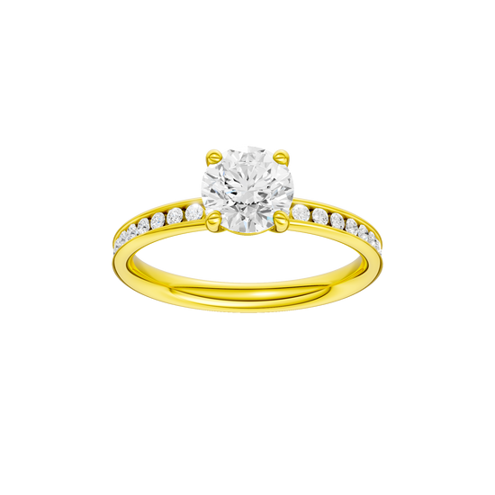 Round-cut diamond engagement ring with a channel-set diamond band and solitaire setting.