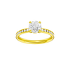 Round-cut diamond engagement ring with a channel-set diamond band and solitaire setting.