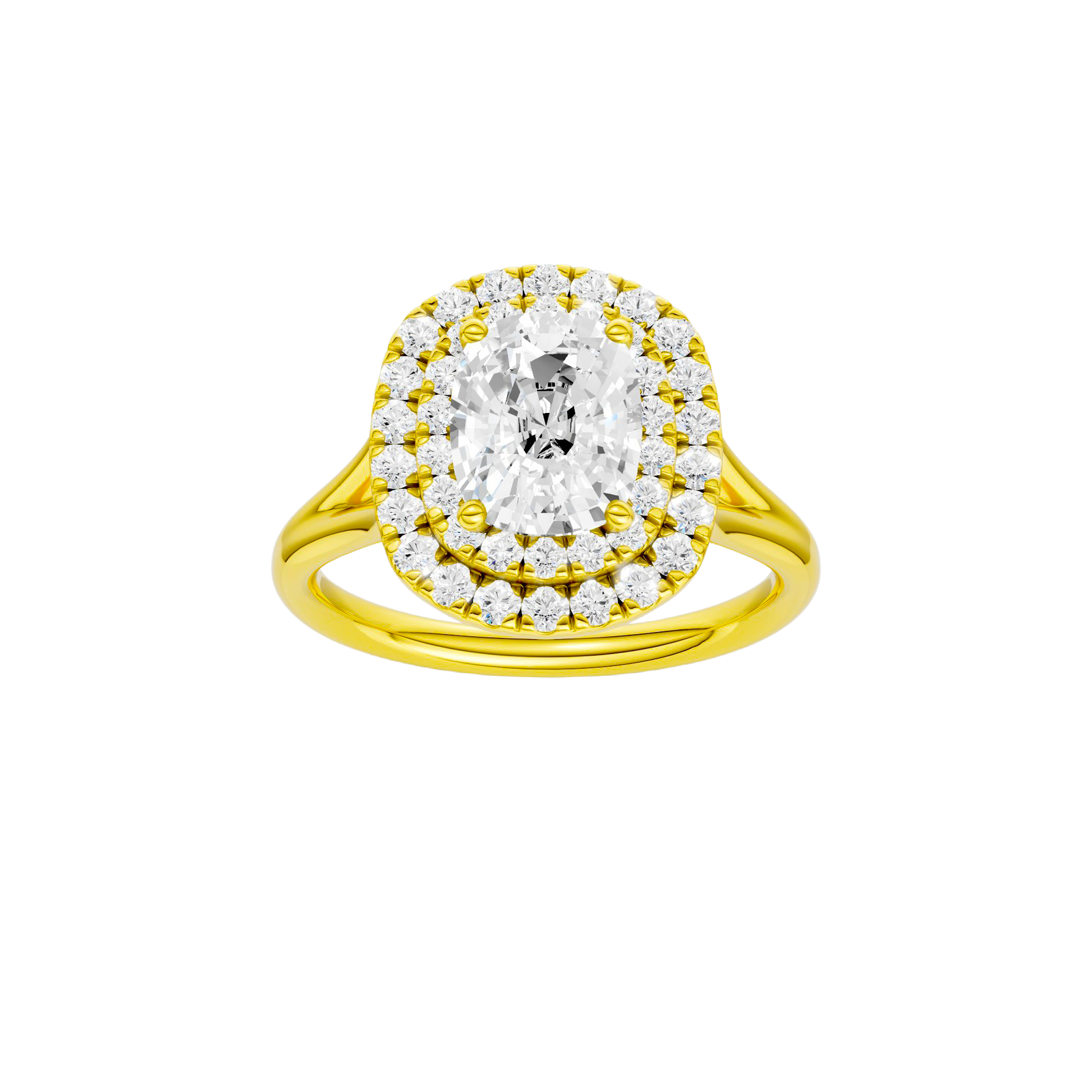 Elongated cushion-cut diamond engagement ring with a plain band and double-halo setting.