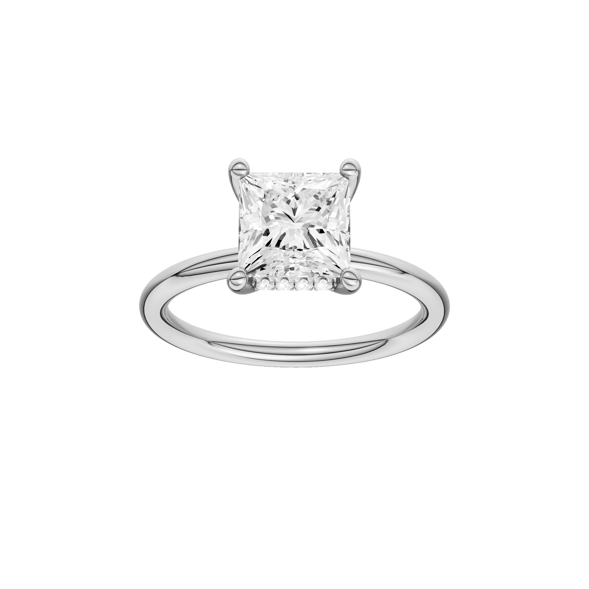 Princess-cut diamond engagement ring with a plain band and hidden-halo setting.