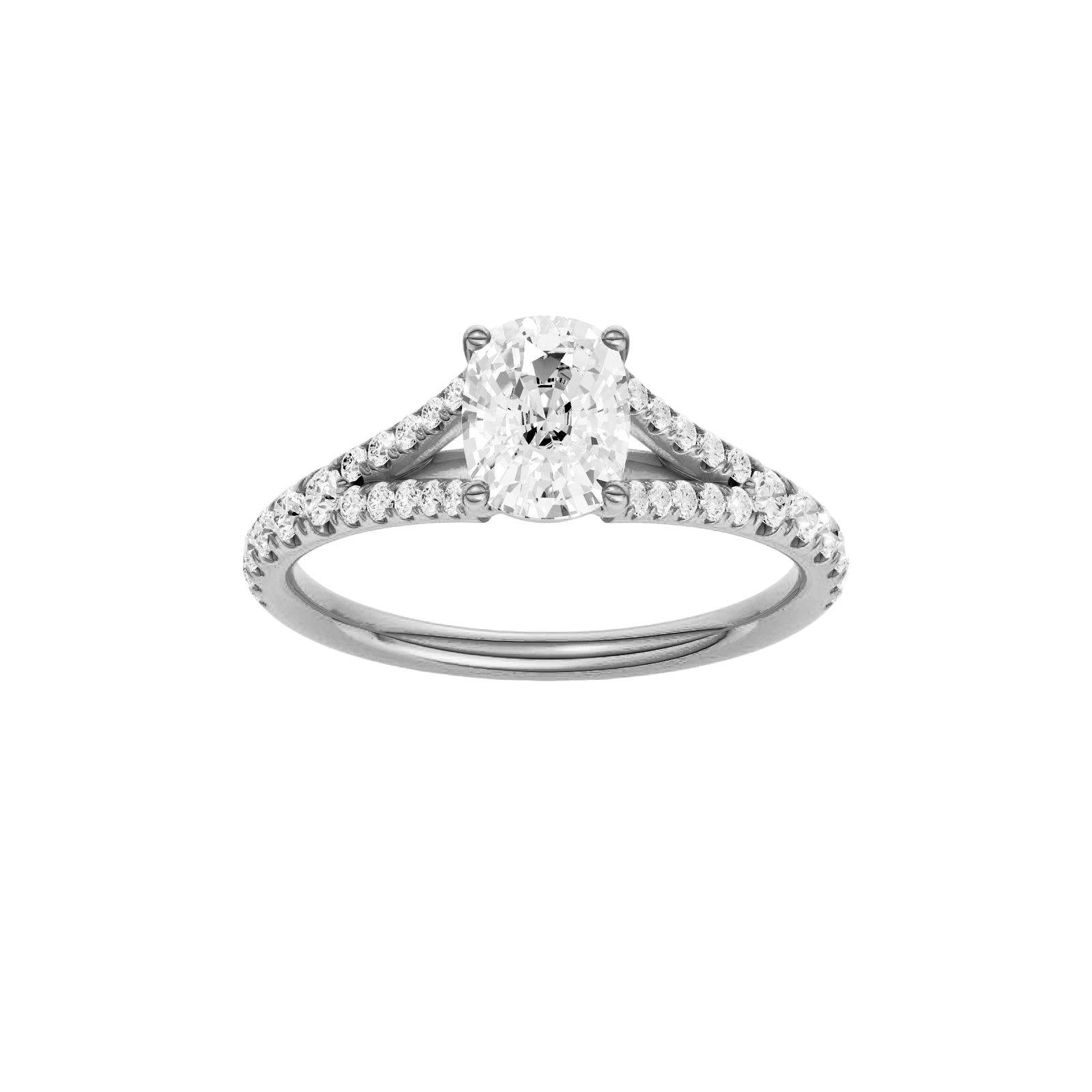 Elongated cushion-cut diamond engagement ring with a prong-set diamond band and solitaire setting.
