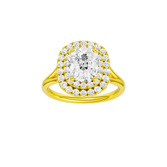 Elongated cushion-cut diamond engagement ring with a plain band and double-halo setting.