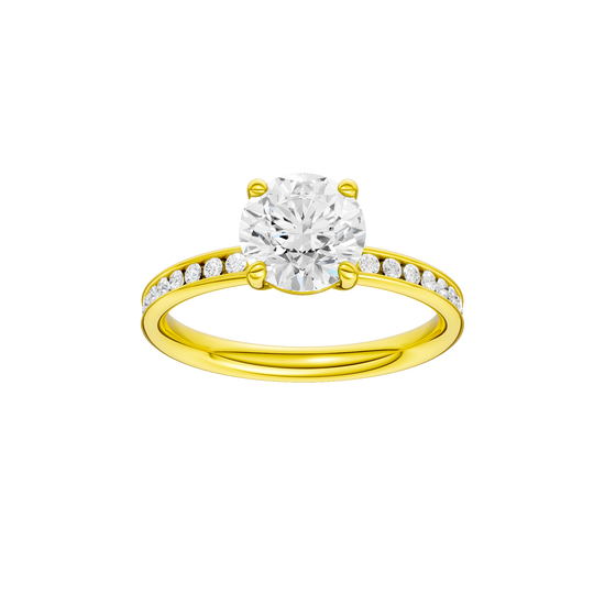 Round-cut diamond engagement ring with a channel-set diamond band and solitaire setting.