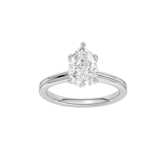 Pear-cut diamond engagement ring with a plain band and solitaire setting.