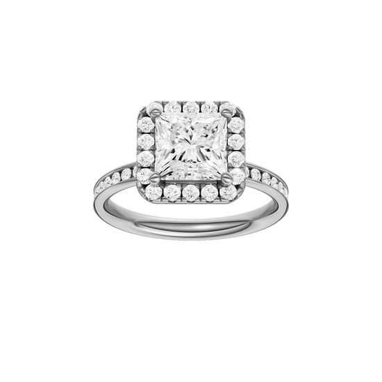 Princess-cut diamond engagement ring with a channel-set diamond band and halo setting.