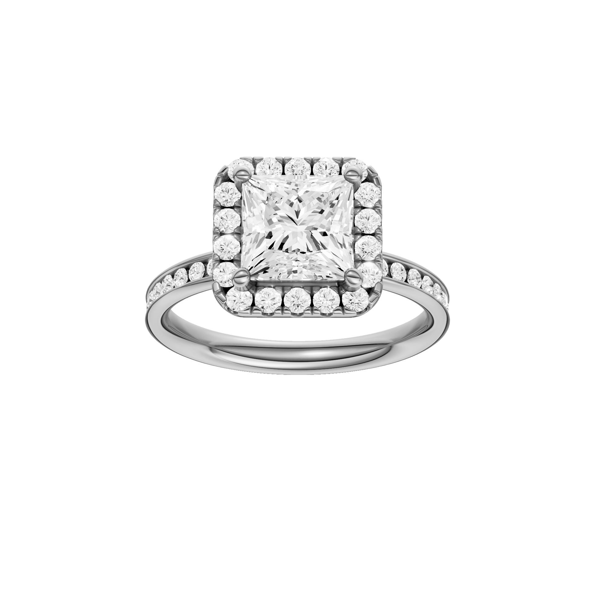 Princess-cut diamond engagement ring with a channel-set diamond band and halo setting.