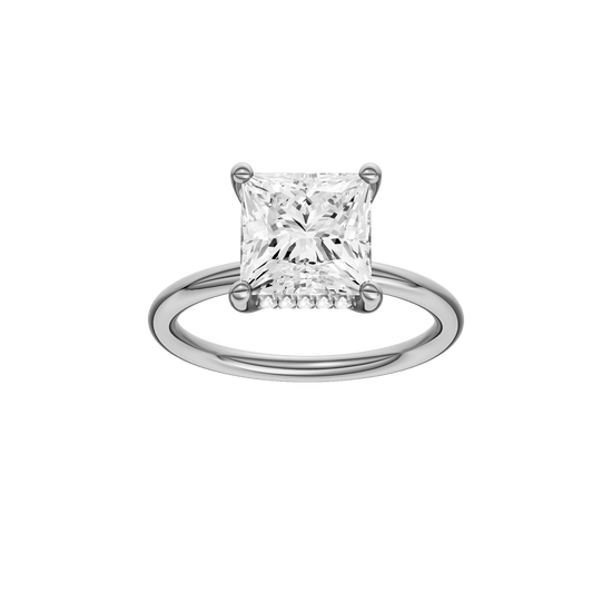 Princess-cut diamond engagement ring with a plain band and hidden-halo setting.