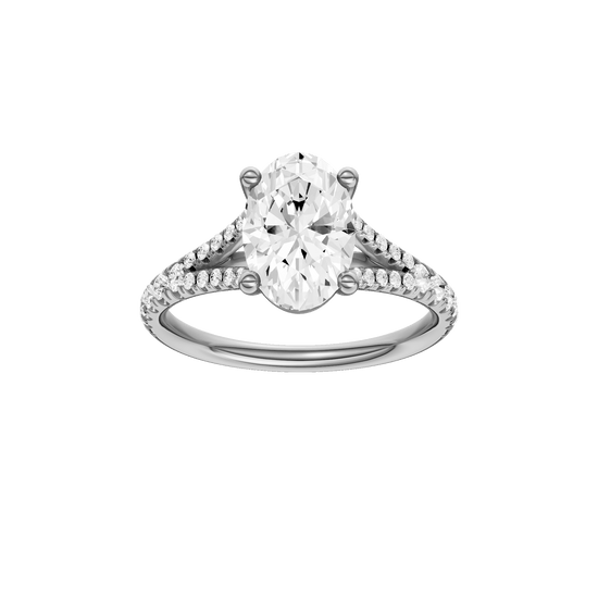 Oval-cut diamond engagement ring with a prong-set diamond band and solitaire setting.