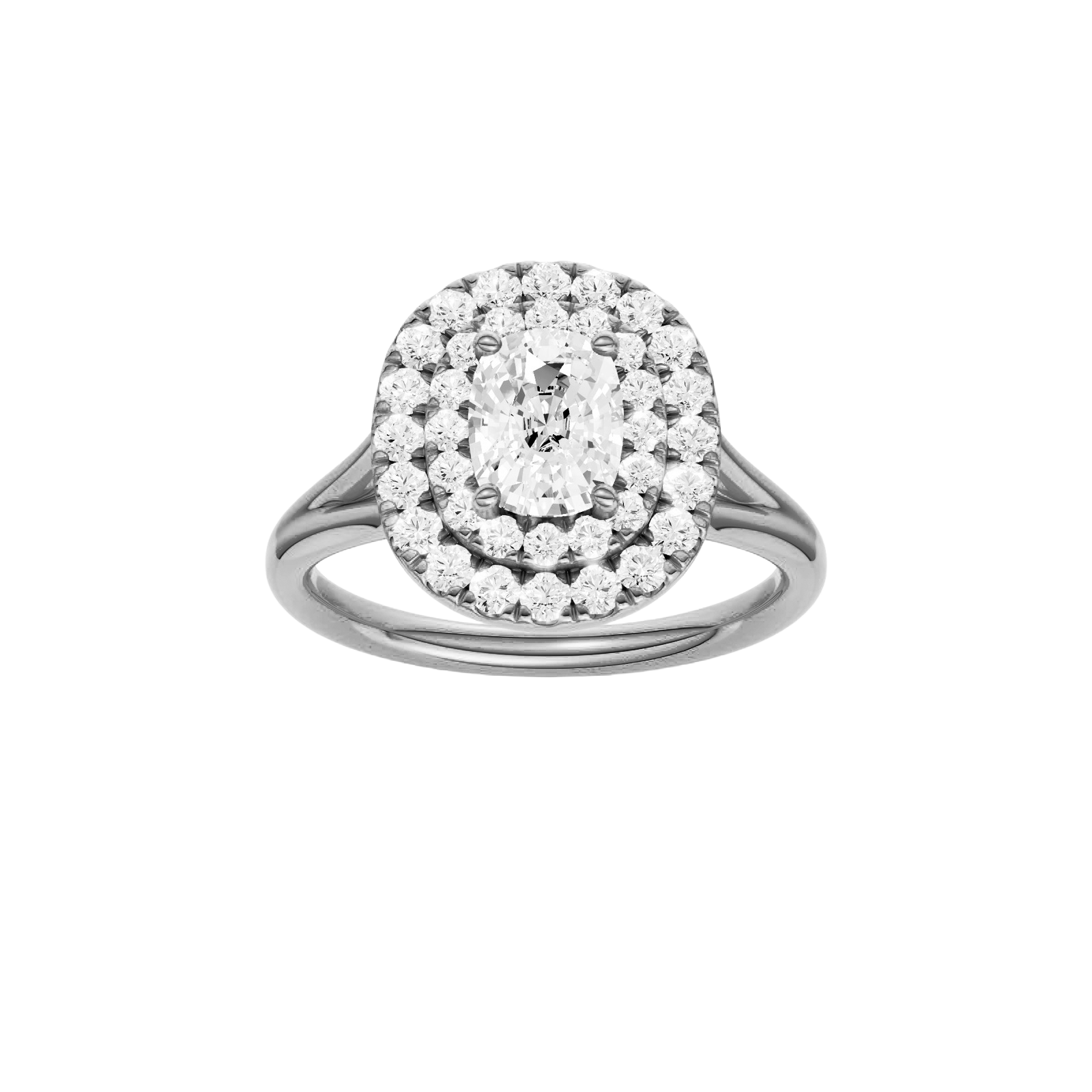 Elongated cushion-cut diamond engagement ring with a plain band and double-halo setting.