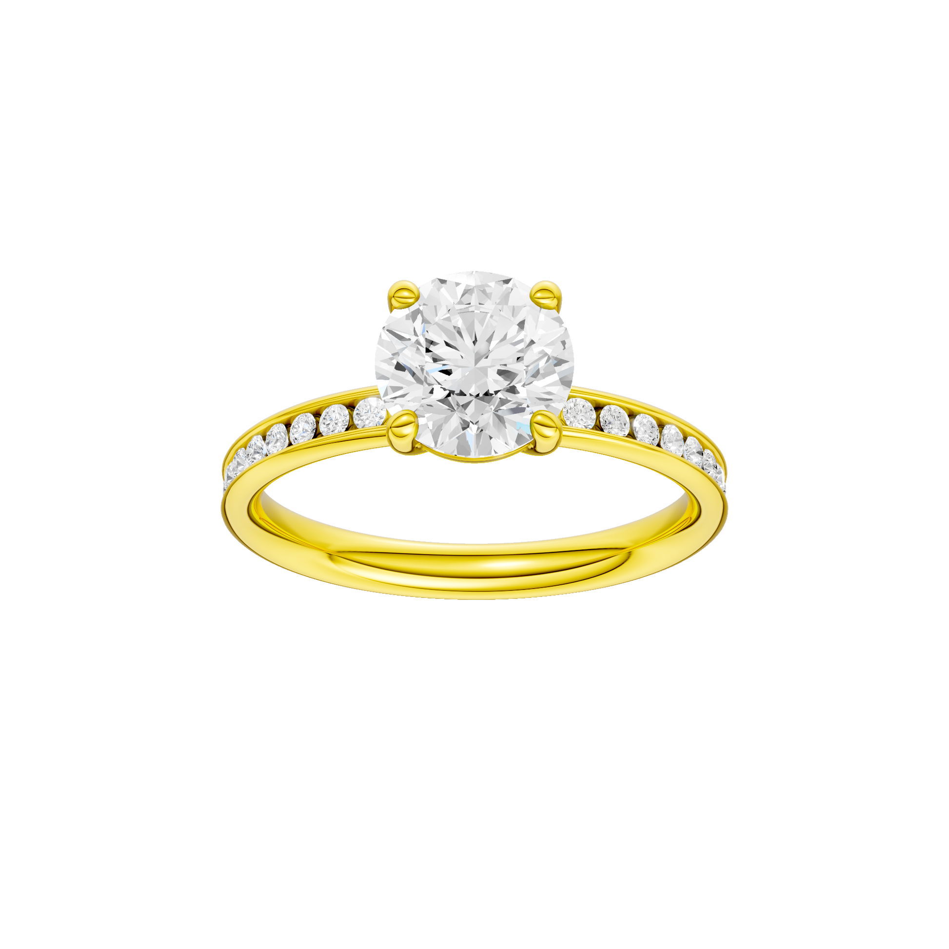 Round-cut diamond engagement ring with a channel-set diamond band and solitaire setting.