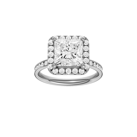 Princess-cut diamond engagement ring with a channel-set diamond band and halo setting.