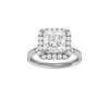 Princess-cut diamond engagement ring with a channel-set diamond band and halo setting.