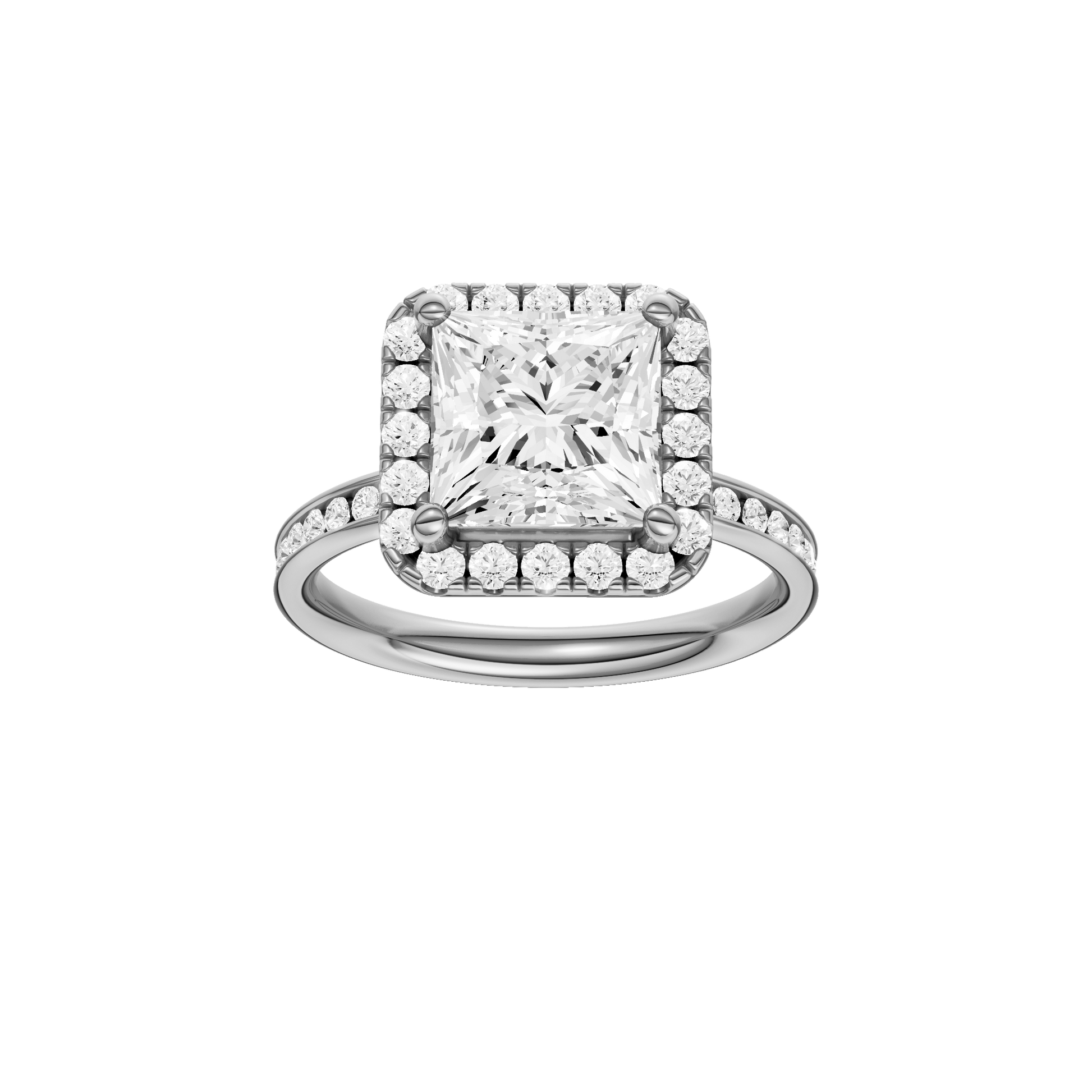 Princess-cut diamond engagement ring with a channel-set diamond band and halo setting.