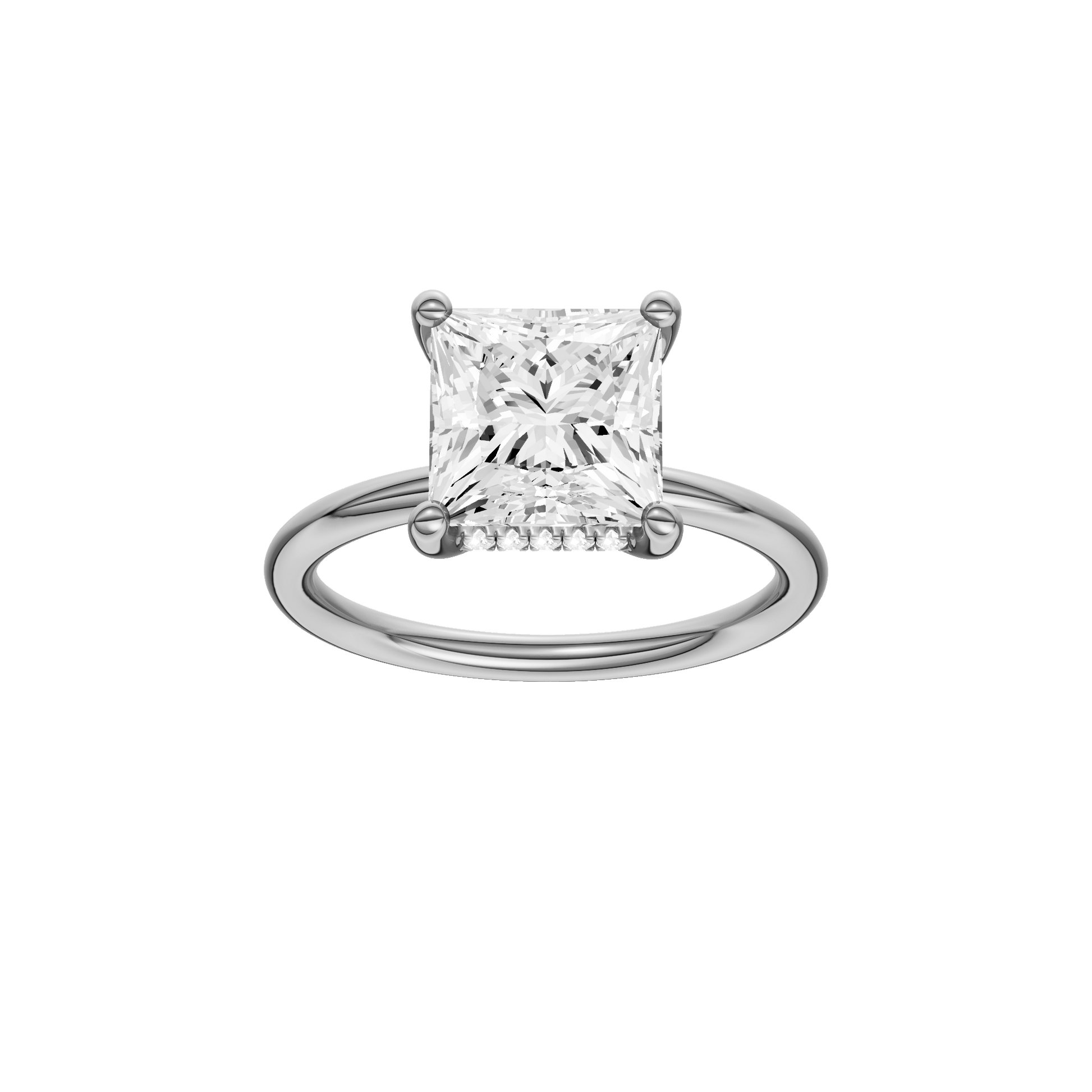 Princess-cut diamond engagement ring with a plain band and hidden-halo setting.