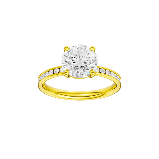 Round-cut diamond engagement ring with a channel-set diamond band and solitaire setting.