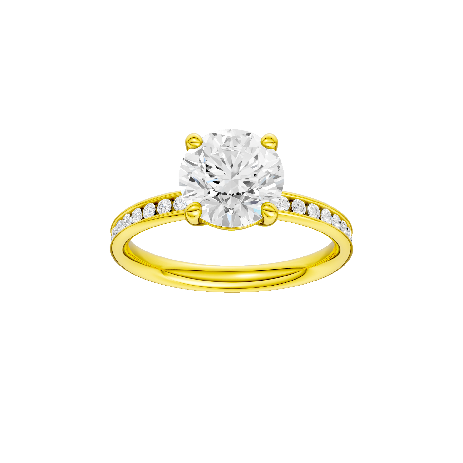 Round-cut diamond engagement ring with a channel-set diamond band and solitaire setting.