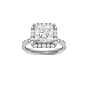 Princess-cut diamond engagement ring with a channel-set diamond band and halo setting.
