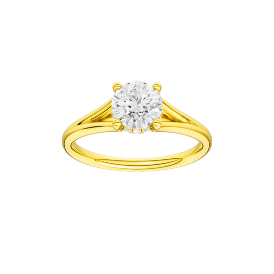Round-cut diamond engagement ring with a plain band and hidden-halo setting.