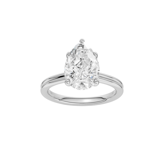 Pear-cut diamond engagement ring with a plain band and solitaire setting.