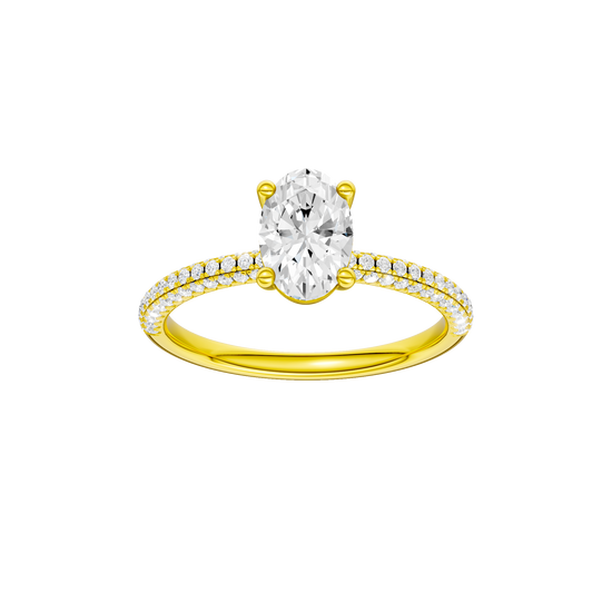 Oval-cut diamond engagement ring with a pavé-set diamond band and solitaire setting.