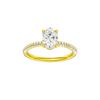 Oval-cut diamond engagement ring with a pavé-set diamond band and solitaire setting.