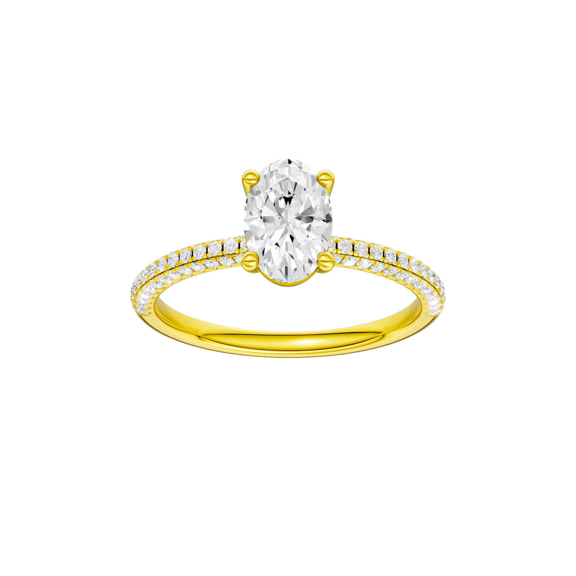 Oval-cut diamond engagement ring with a pavé-set diamond band and solitaire setting.