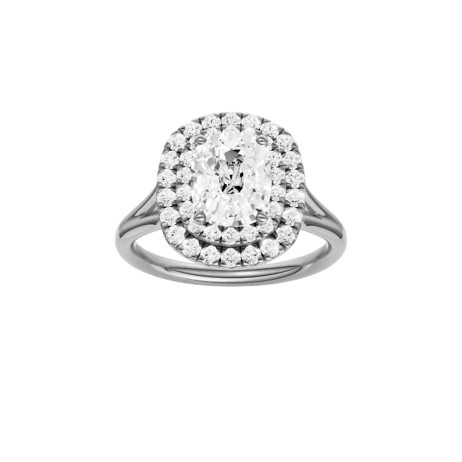 Elongated cushion-cut diamond engagement ring with a plain band and double-halo setting.