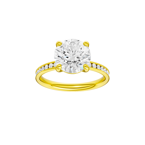 Round-cut diamond engagement ring with a channel-set diamond band and solitaire setting.