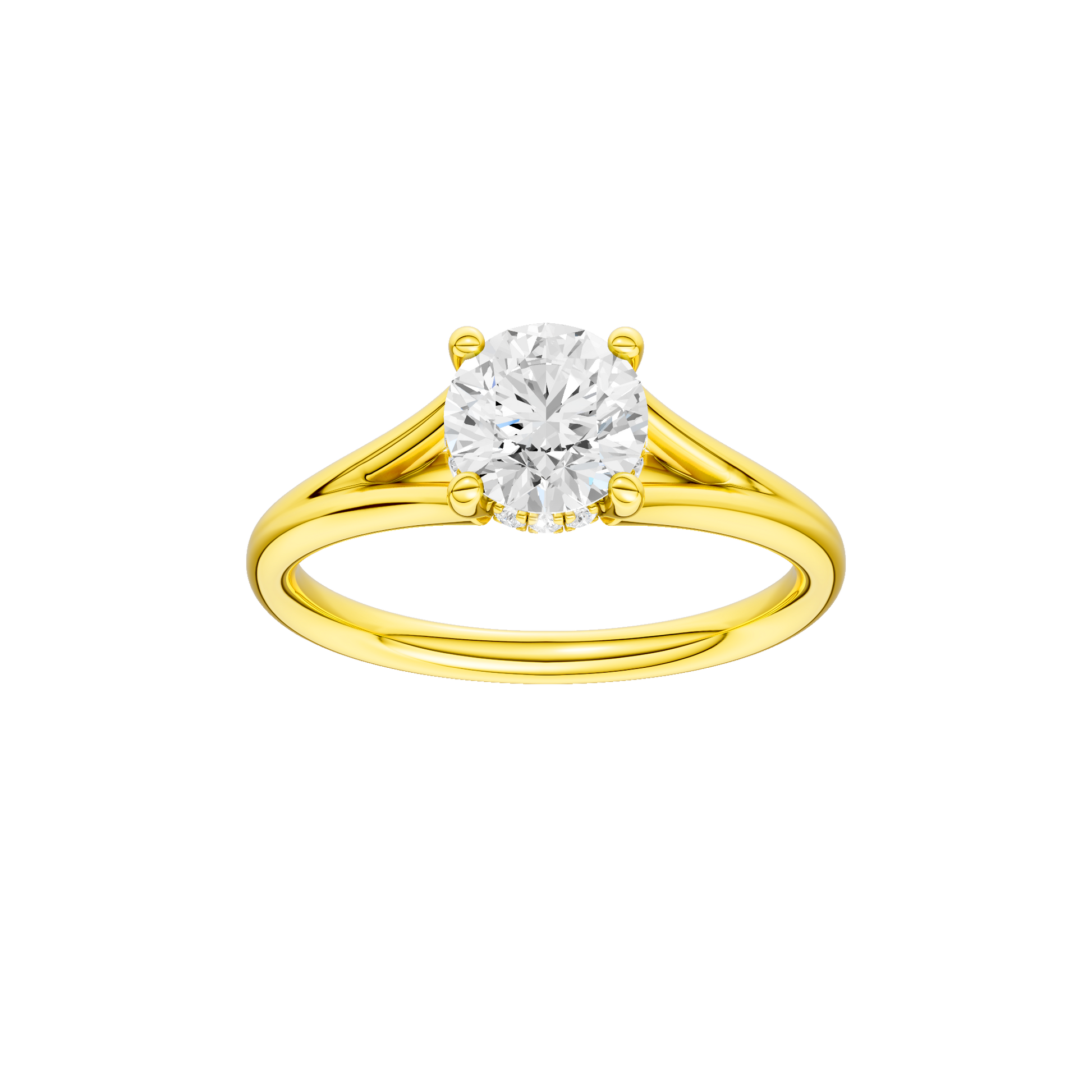 Round-cut diamond engagement ring with a plain band and hidden-halo setting.