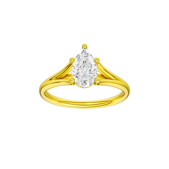 Pear-cut diamond engagement ring with a plain band and solitaire setting.