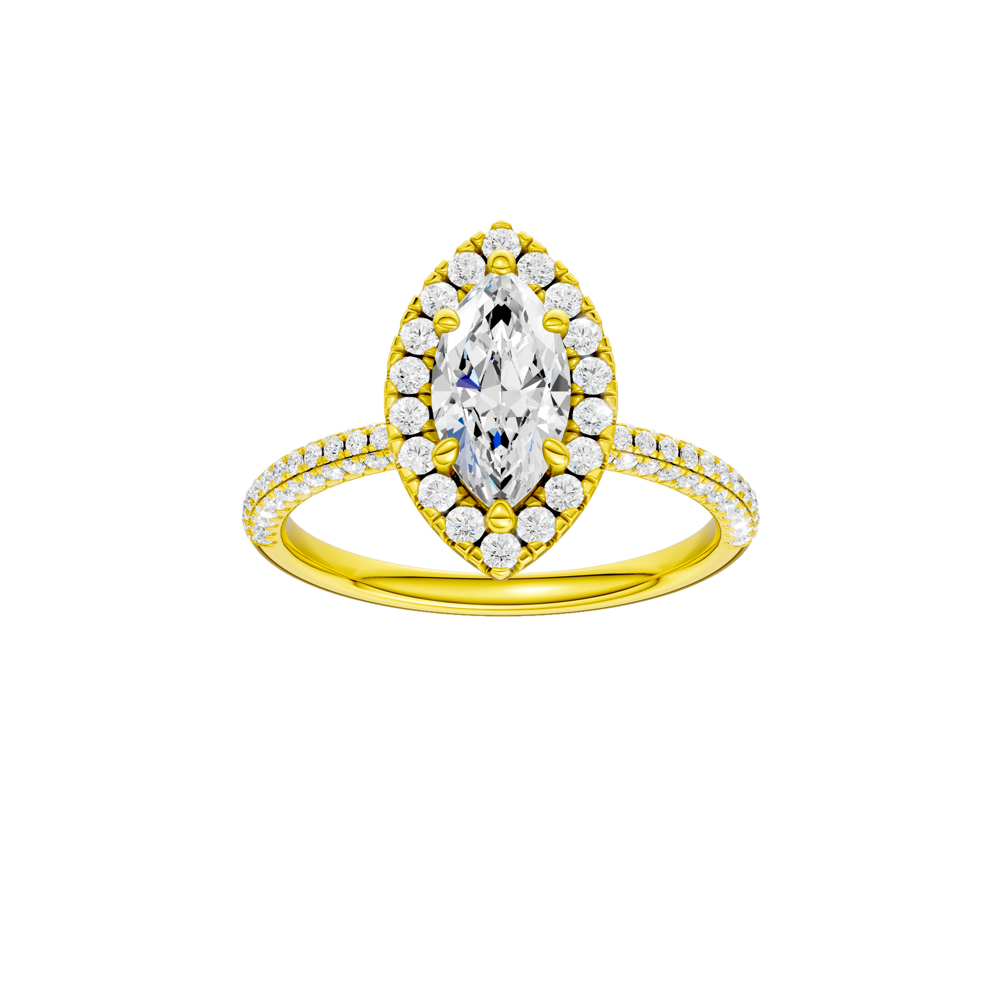 Marquise-cut diamond engagement ring with a pavé-set diamond band and halo setting.