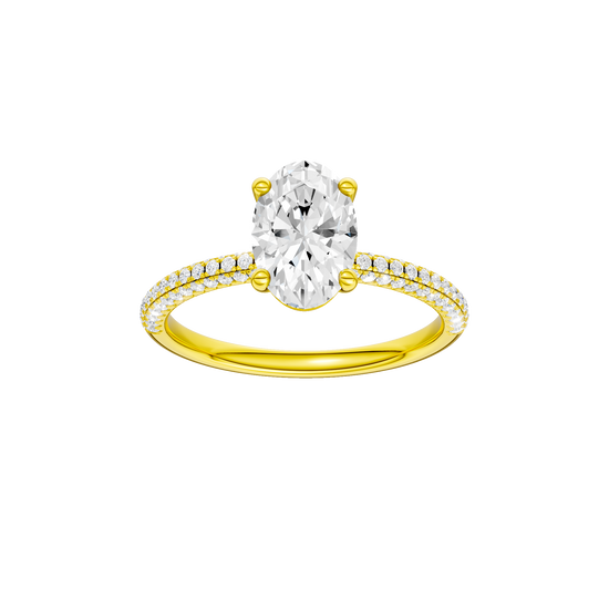 Oval-cut diamond engagement ring with a pavé-set diamond band and solitaire setting.