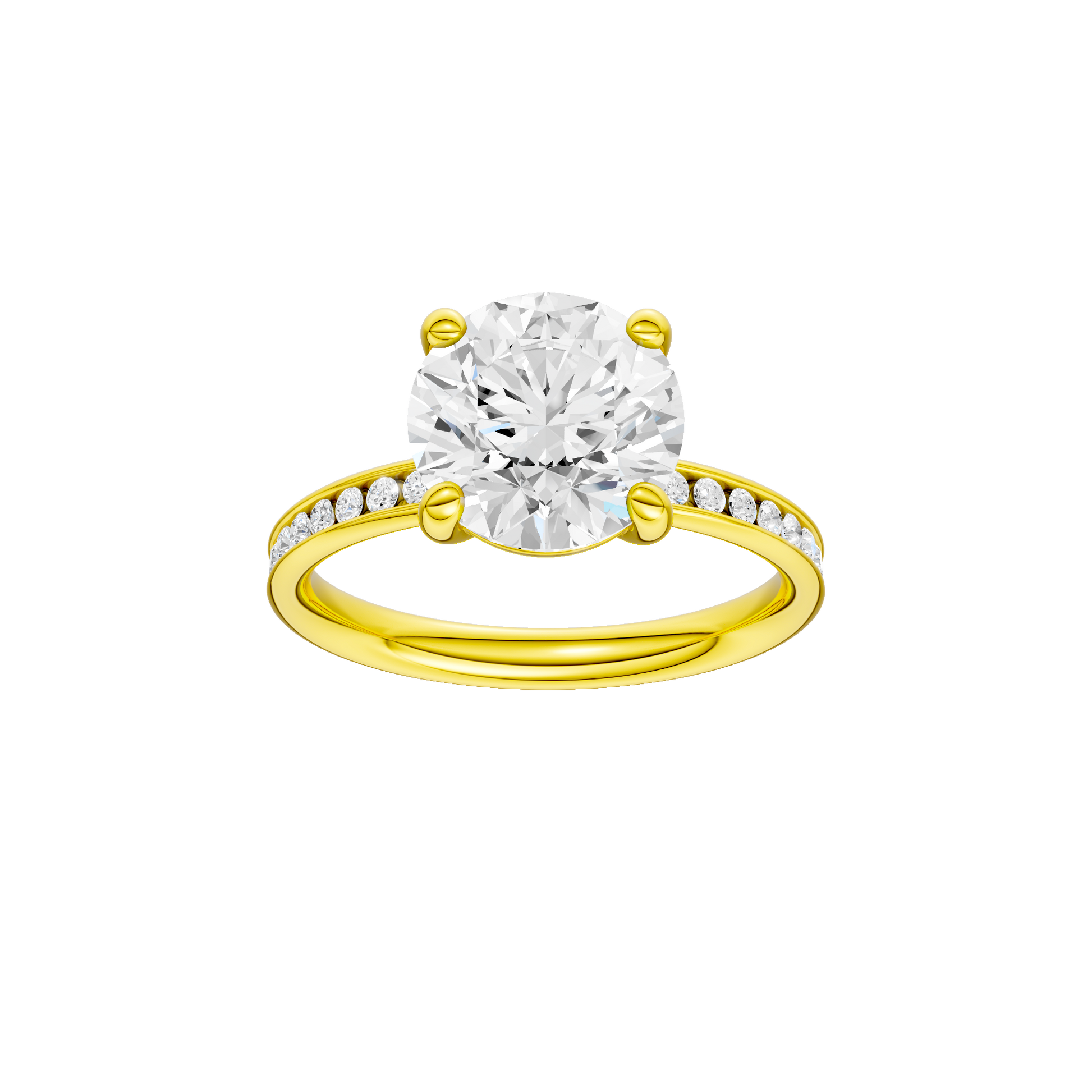 Round-cut diamond engagement ring with a channel-set diamond band and solitaire setting.