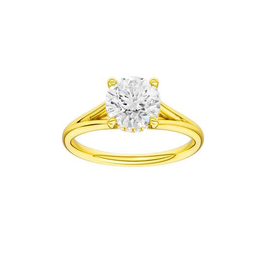 Round-cut diamond engagement ring with a plain band and hidden-halo setting.