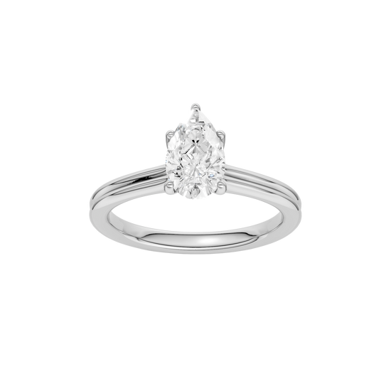 Pear-cut diamond engagement ring with a plain band and solitaire setting.